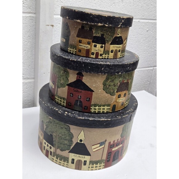 Stacked Shaker Boxes 3 Hand Painted Cottagecore Farm Homestead - Picture 3 of 16